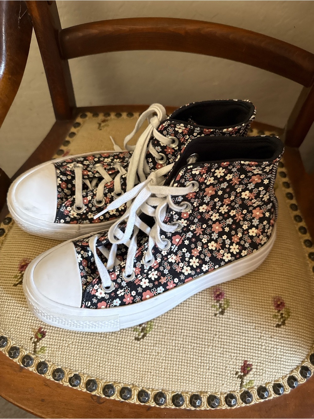 Converse Black High-Top Sneakers with Pink & White Floral Print